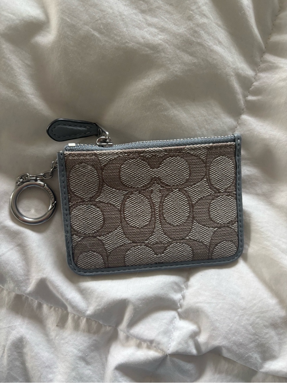 Coach Small Signature Key Pouch in Taupe with Gray Trim